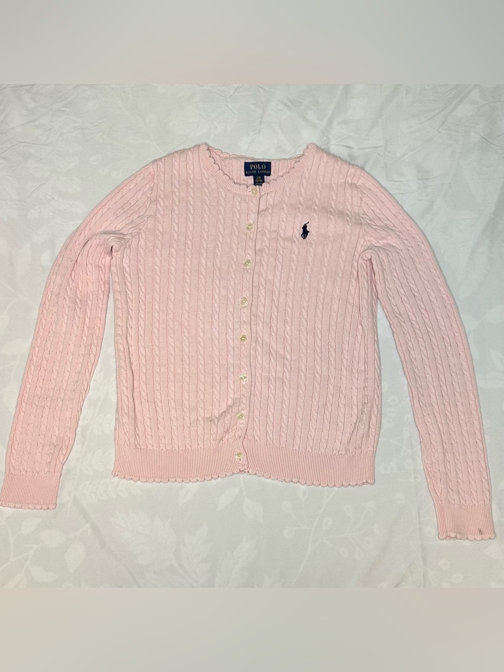 Polo Ralph Lauren Cardigan Girls Large Pink Cable Knit Sweater (12-14) Classic